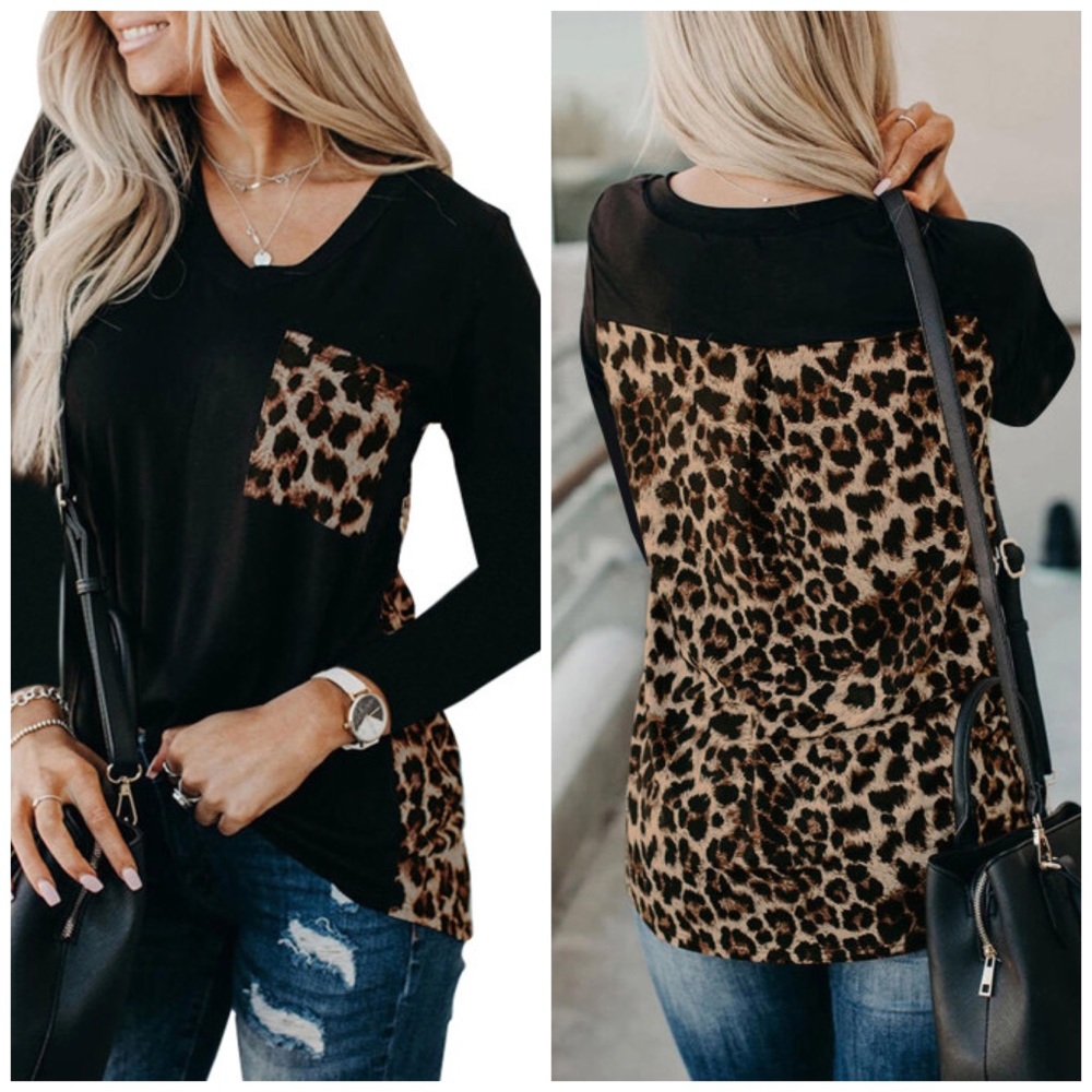Long Sleeve Leopard Print Top — Black